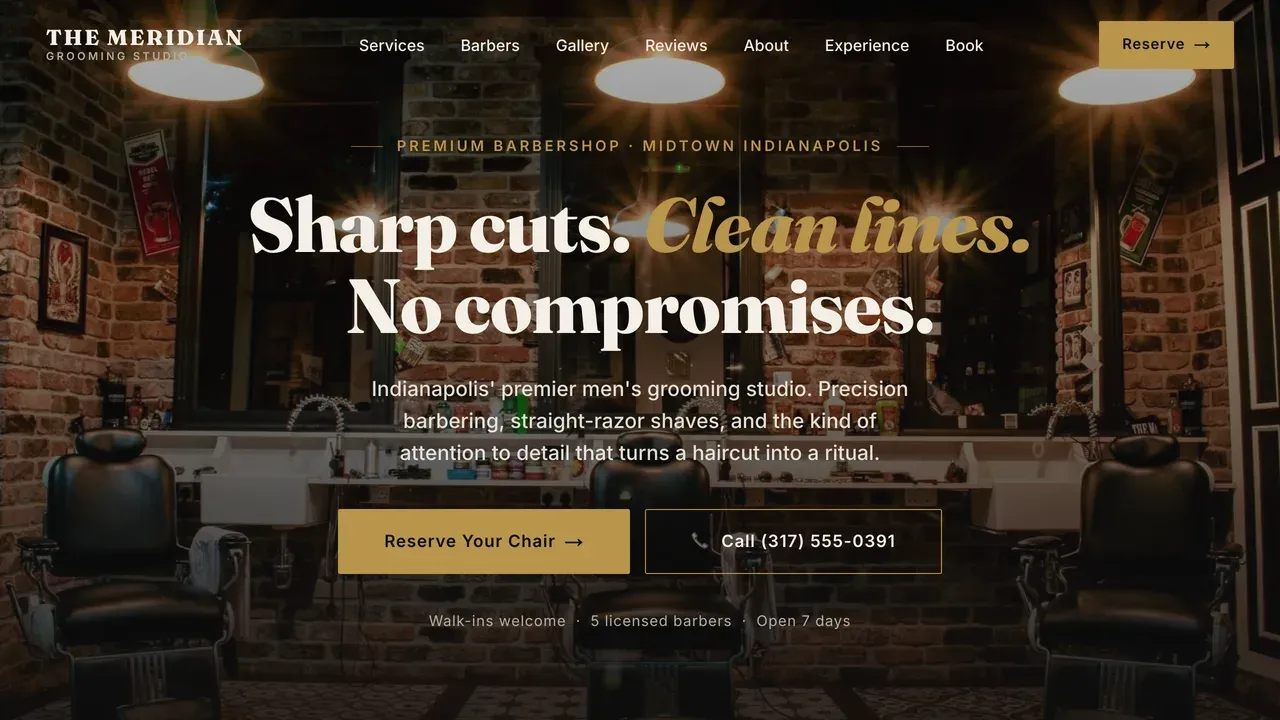 The Meridian homepage — a Tier 3 premium grooming studio site